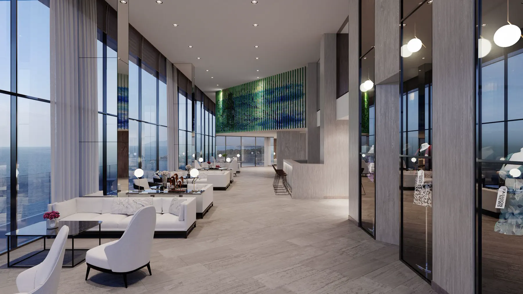 Pexels Bright hotel lobby lounge with white seating, ocean-view windows, and polished floors — editorial still